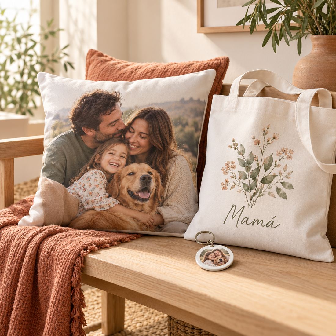 Cojín, bolsa y llavero personalizados con recuerdos familiares