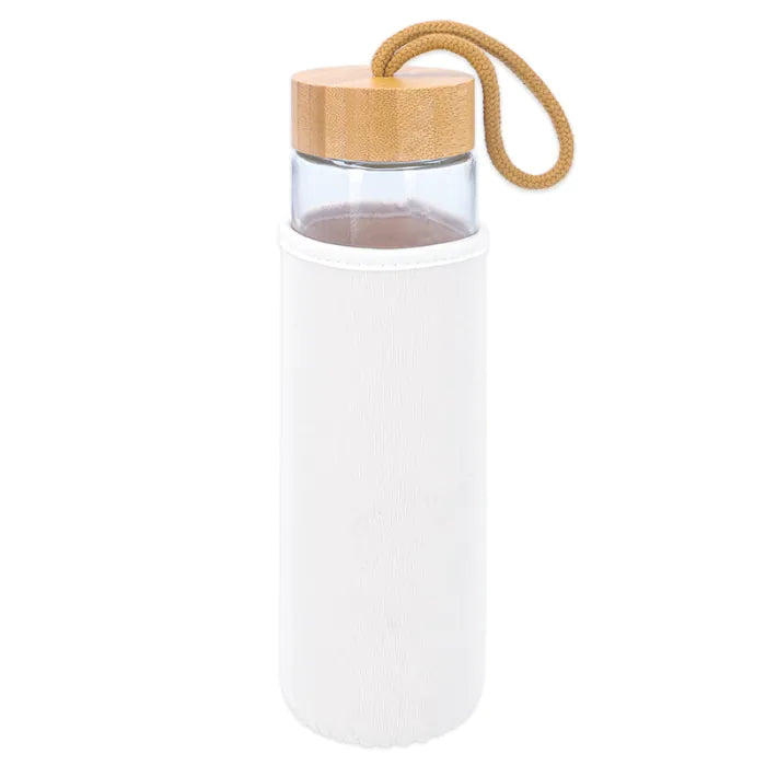 Botella de cristal con funda y tapón de bambú · 530 ml