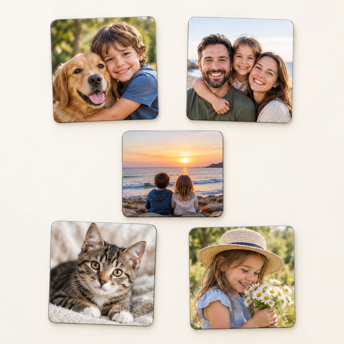 Ejemplo personalizado: Pack de 5 imanes personalizados con foto · 5 × 5 cm. Montaje orientativo; personalizable con tu foto, nombre o diseño.
