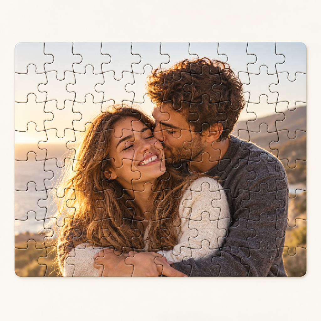Ejemplo personalizado: Puzzle personalizado con foto · rectangular o corazón. Montaje orientativo; personalizable con tu foto, nombre o diseño.
