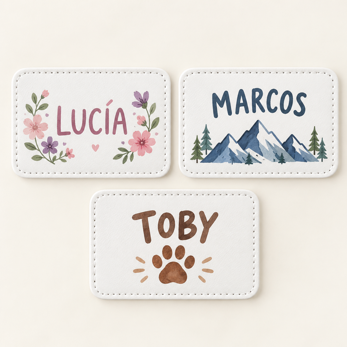 Ejemplo personalizado: Pack de 3 parches personalizados de polipiel. Montaje orientativo; personalizable con tu foto, nombre o diseño.