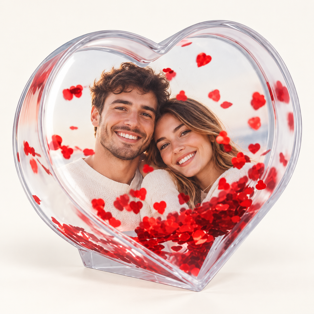 Ejemplo personalizado: Portafotos corazón personalizado con foto y agua. Montaje orientativo; personalizable con tu foto, nombre o diseño.