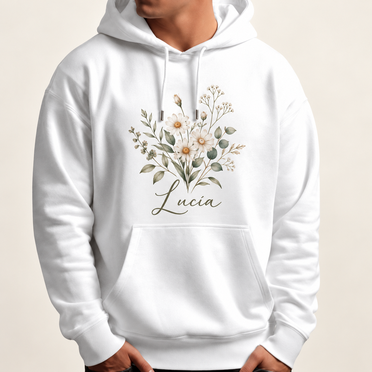 Ejemplo personalizado: Sudadera blanca personalizada con capucha. Montaje orientativo; personalizable con tu foto, nombre o diseño.