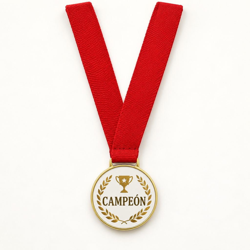 Ejemplo personalizado: Medalla deportiva personalizada con cinta. Montaje orientativo; personalizable con tu foto, nombre o diseño.