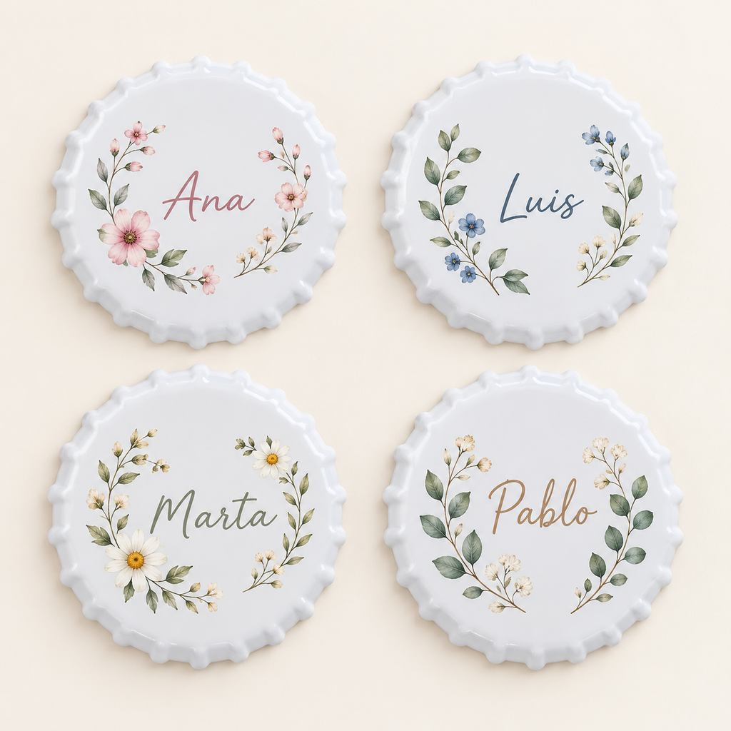 Ejemplo personalizado: Pack de 4 posavasos personalizados · cerámica forma chapa. Montaje orientativo; personalizable con tu foto, nombre o diseño.
