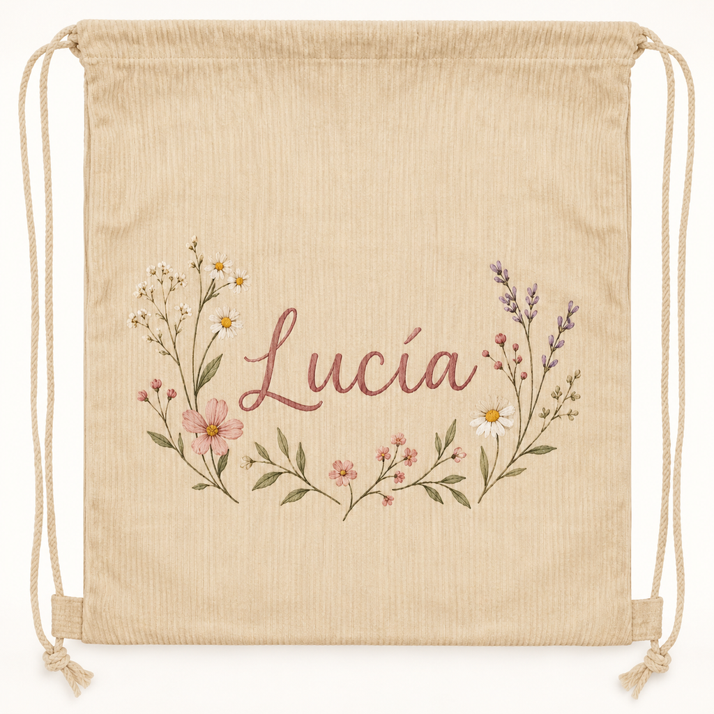 Ejemplo personalizado: Mochila de pana personalizada con nombre o foto. Montaje orientativo; personalizable con tu foto, nombre o diseño.