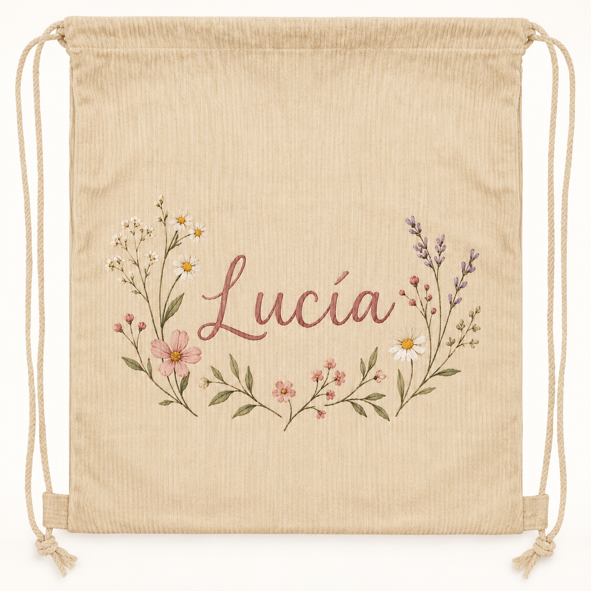Ejemplo personalizado: Mochila de pana personalizada con nombre o foto. Montaje orientativo; personalizable con tu foto, nombre o diseño.