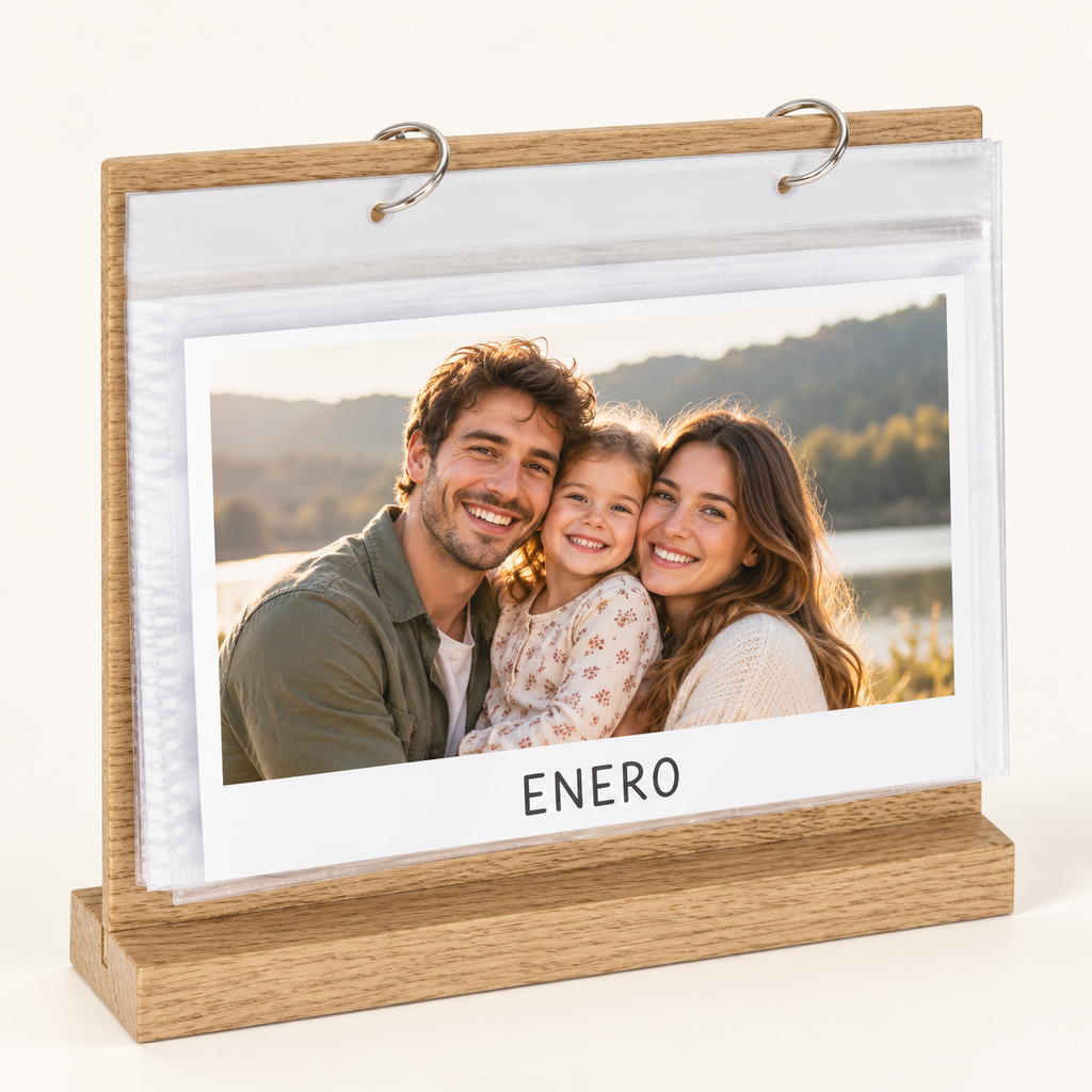 Ejemplo personalizado: Calendario de sobremesa personalizado con 12 fotos. Montaje orientativo; personalizable con tu foto, nombre o diseño.