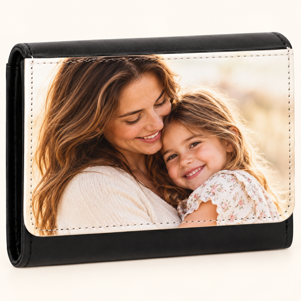 Ejemplo personalizado: Cartera monedero personalizada con foto · negra. Montaje orientativo; personalizable con tu foto, nombre o diseño.