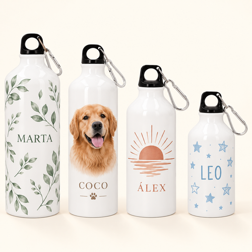 Ejemplo personalizado: Botella de aluminio personalizada. Diseño orientativo; personalización a tu gusto.