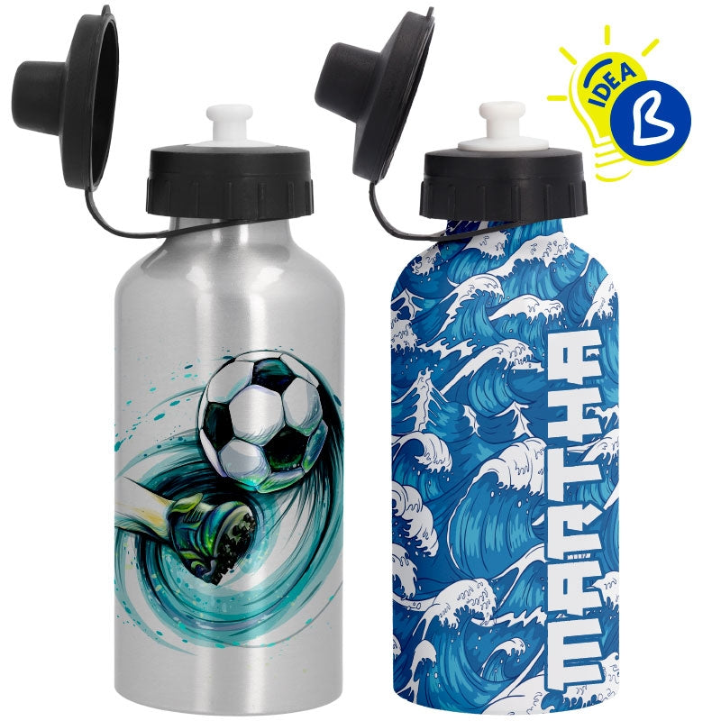 Ejemplo personalizado: Botella de aluminio personalizada con dosificador. Diseño orientativo; personalización a tu gusto.