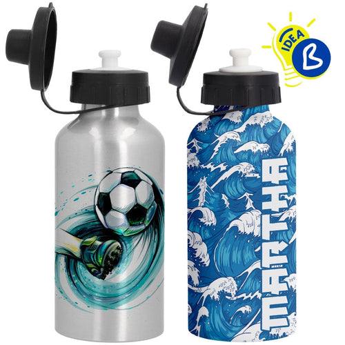 Ejemplo personalizado: Botella de aluminio personalizada con dosificador. Diseño orientativo; personalización a tu gusto.
