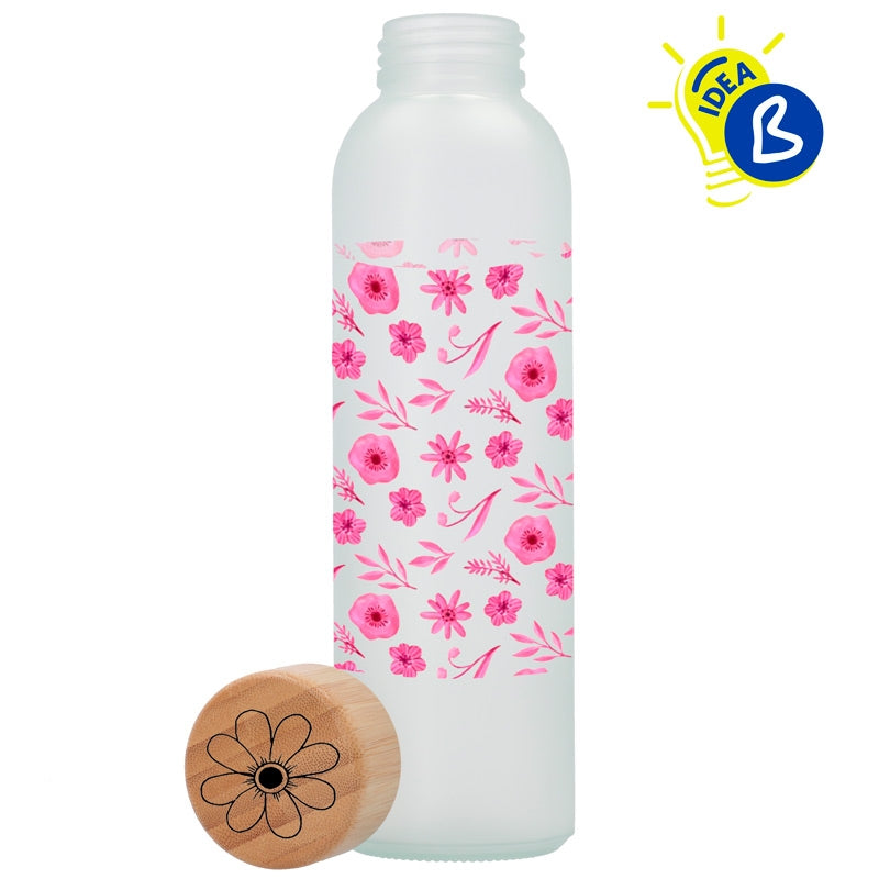 Ejemplo personalizado: Botella de cristal esmerilado personalizada · 500 ml. Diseño orientativo; personalización a tu gusto.