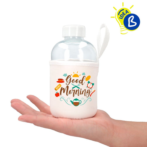 Ejemplo personalizado: Botella de cristal con funda personalizada · 600 ml. Diseño orientativo; personalización a tu gusto.