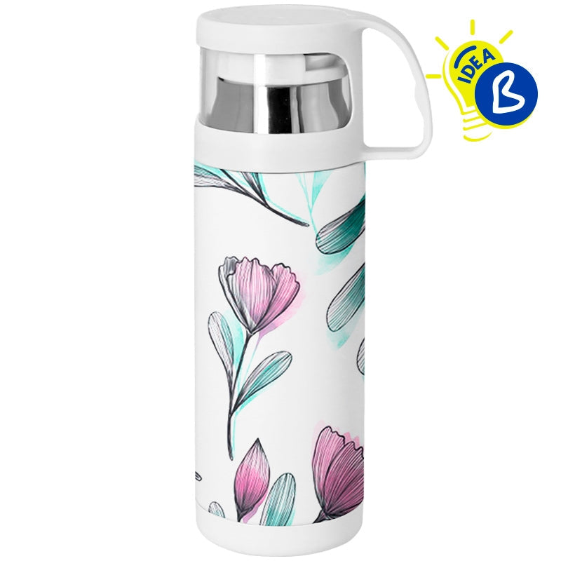 Ejemplo personalizado: Termo personalizado con tapón taza · 350 ml. Diseño orientativo; personalización a tu gusto.