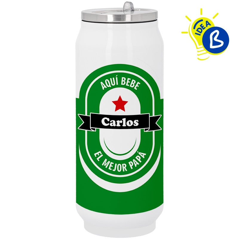 Ejemplo personalizado: Termo personalizado con forma de lata · 500 ml. Diseño orientativo; personalización a tu gusto.