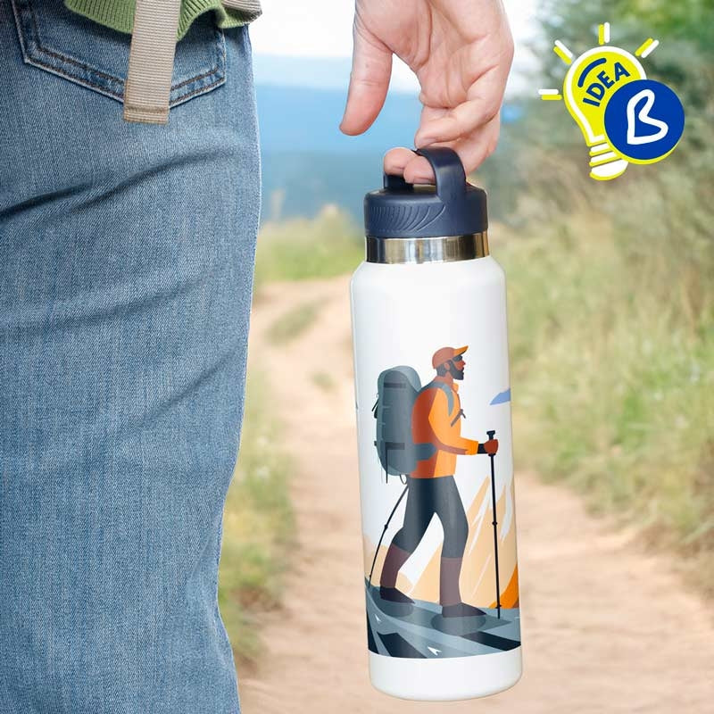 Ejemplo personalizado: Termo personalizado con colador · 1 L. Diseño orientativo; personalización a tu gusto.