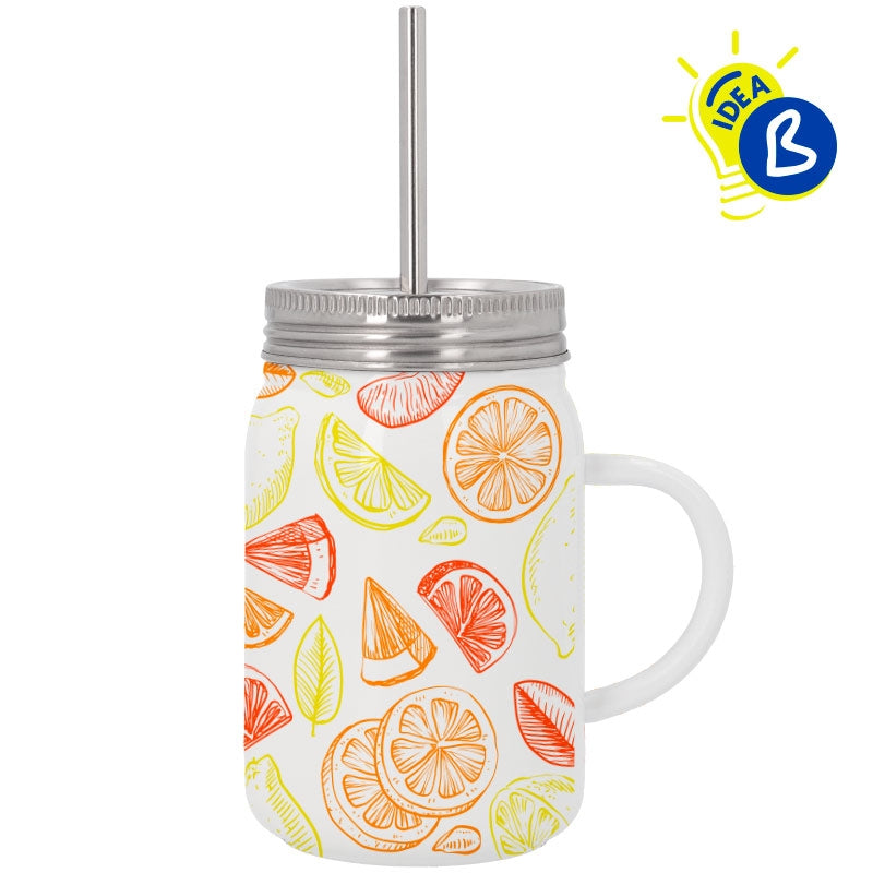 Ejemplo personalizado: Jarra térmica personalizada con tapa y pajita · 500 ml. Diseño orientativo; personalización a tu gusto.