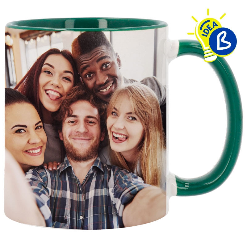 Ejemplo personalizado: Taza personalizada con interior y asa de color · 325 ml. Diseño orientativo; personalización a tu gusto.